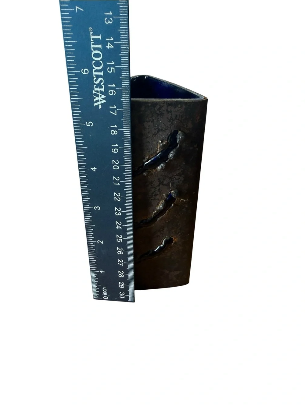Brutalist Copper With Cobalt Blue Caged Rectangular Vase 1960’s Mid Century